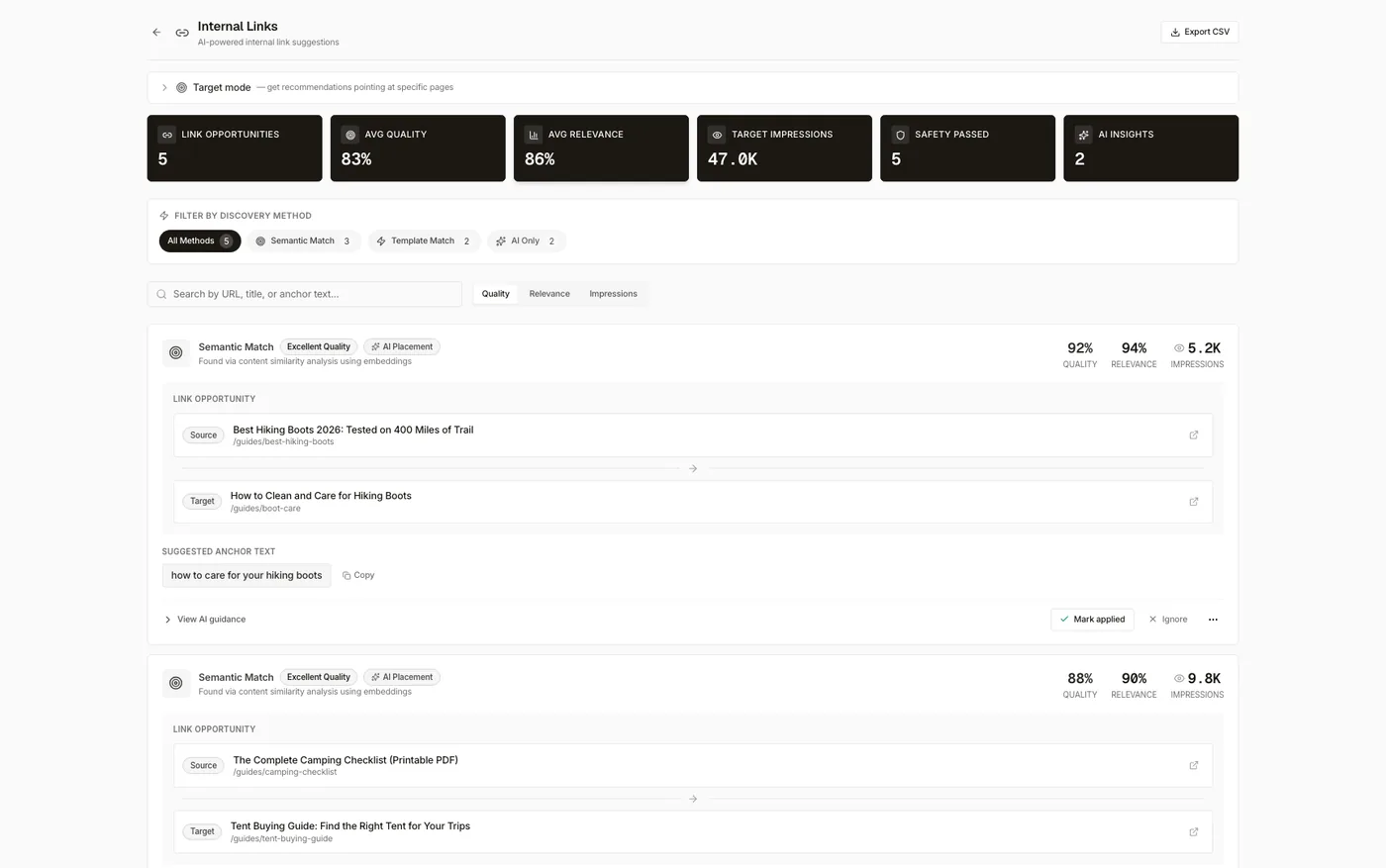 The Internal Links analyzer in Searchscope