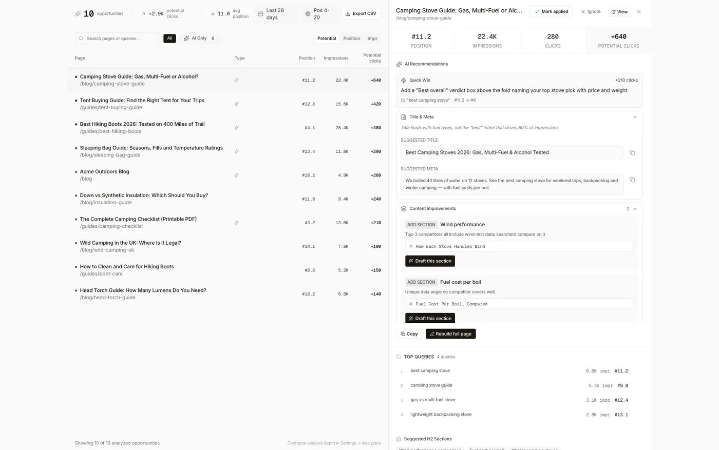 The opportunities analyzer in Searchscope