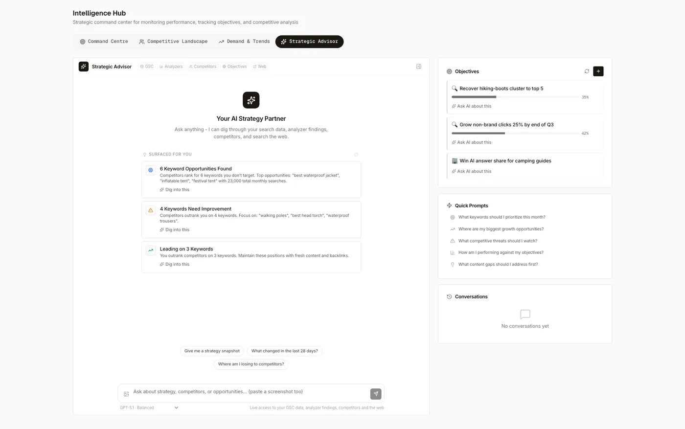The Strategic Advisor in Searchscope: an AI advisor with surfaced opportunities, tracked objectives and their progress, and suggested prompts