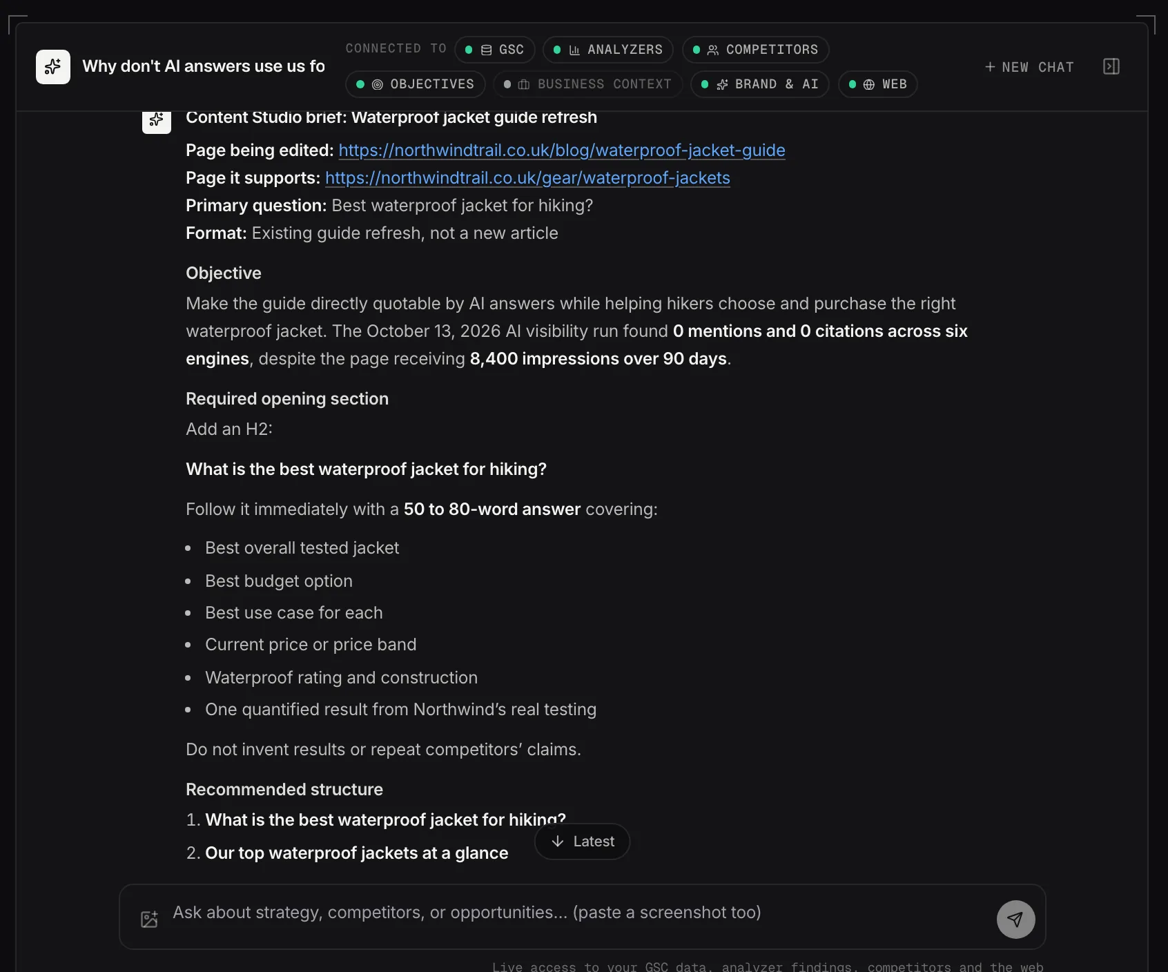 The same conversation turned into a Content Studio brief.