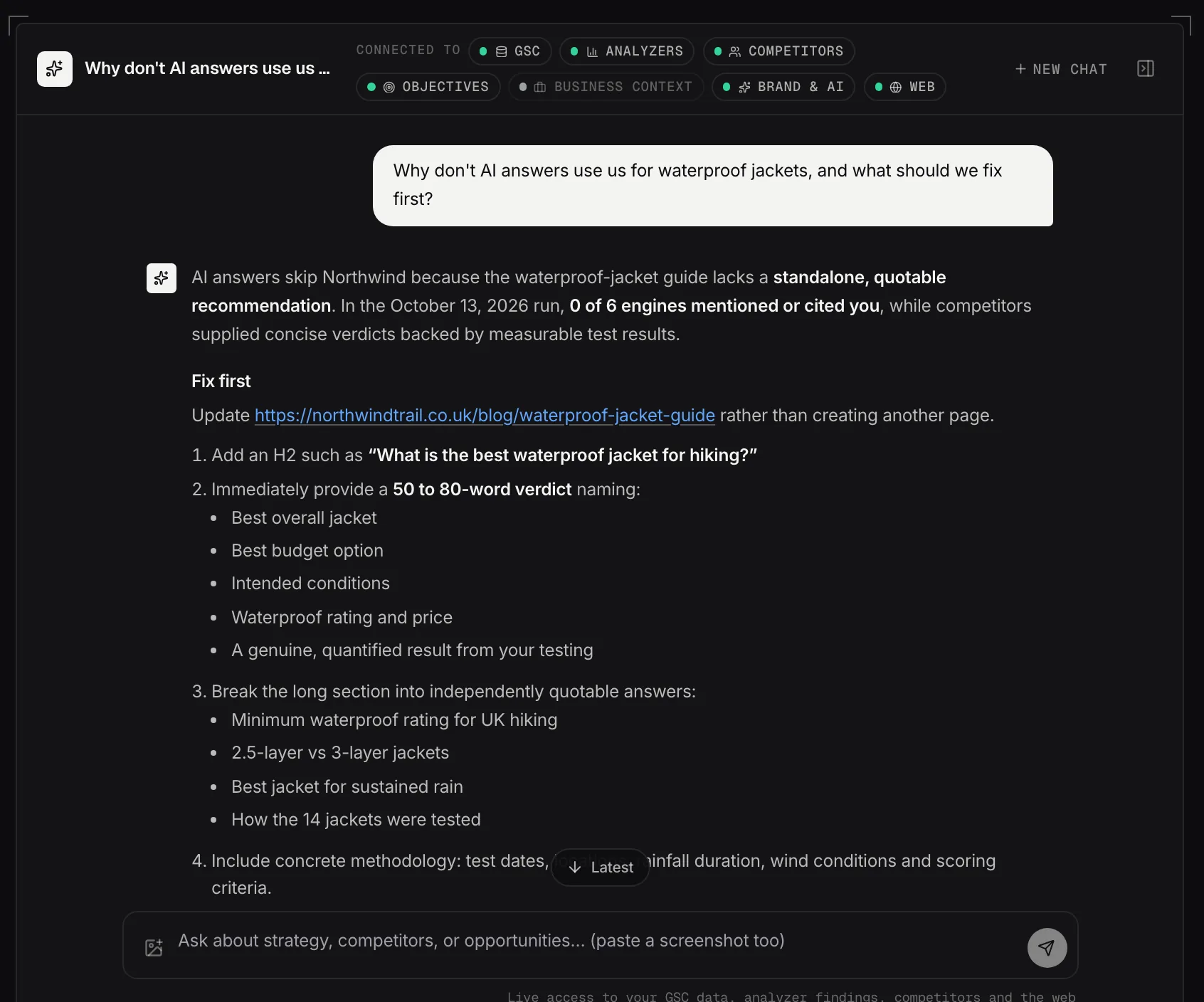 An answer built from the account's AI answers, the page record and the sources AI used instead.