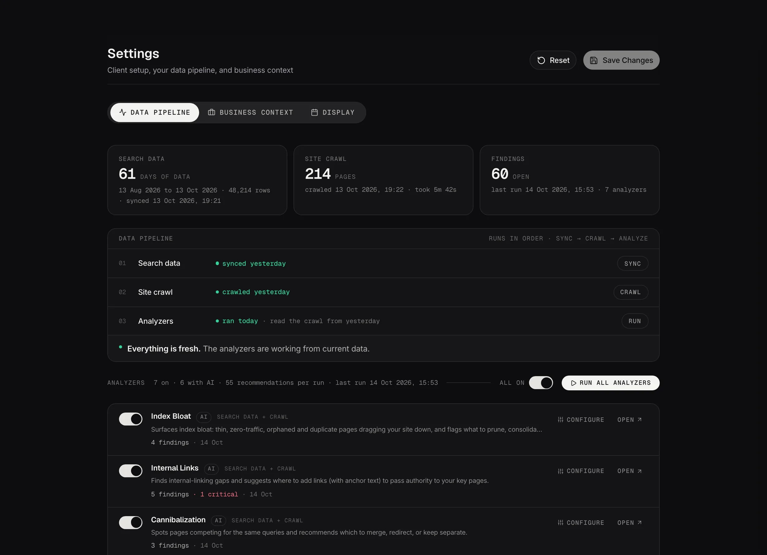 Settings: the data pipeline, from search data to the crawl to the analyzers.
