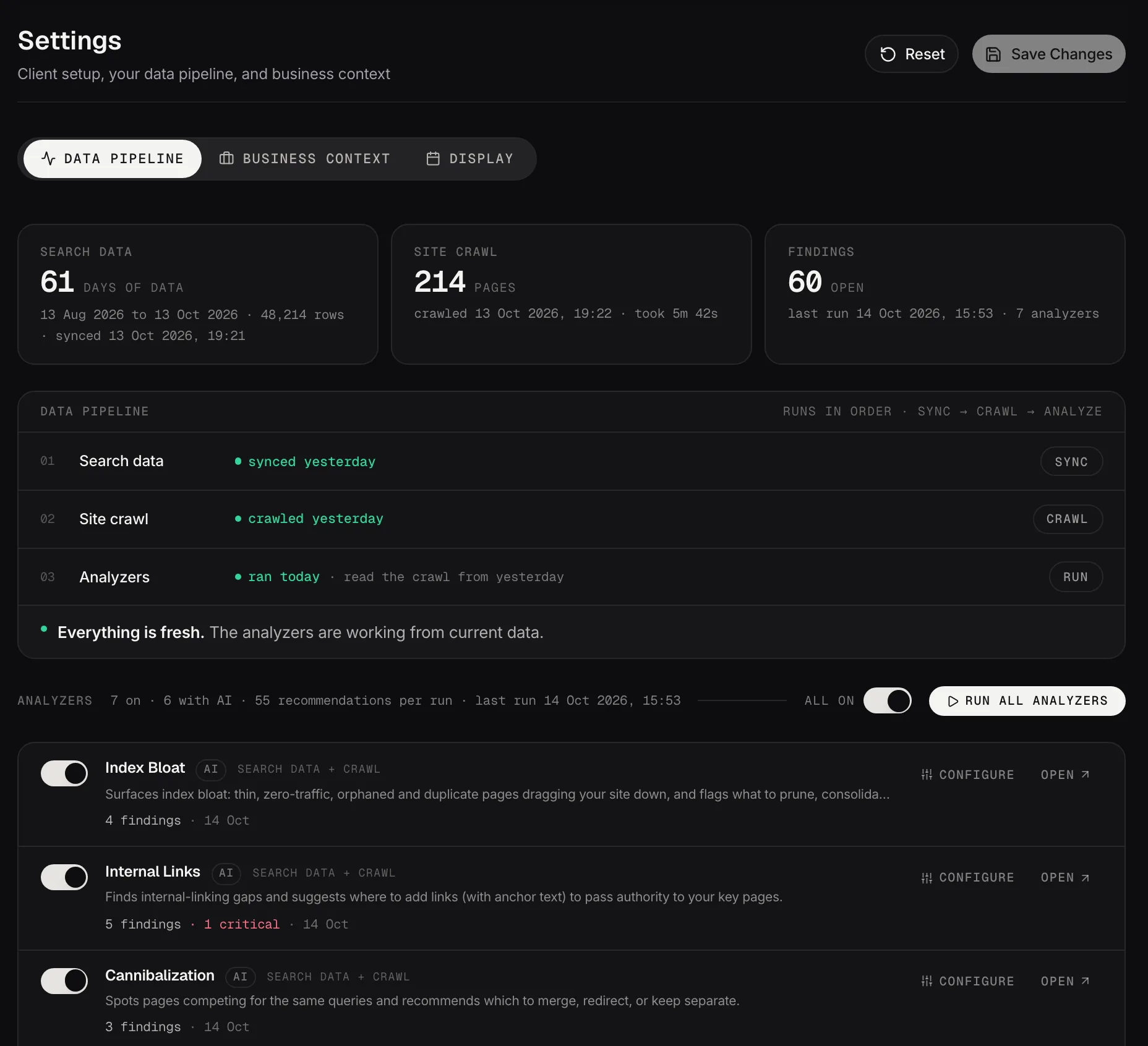 The data pipeline: search data, the crawl and the analyzers, run in order and checked for freshness.