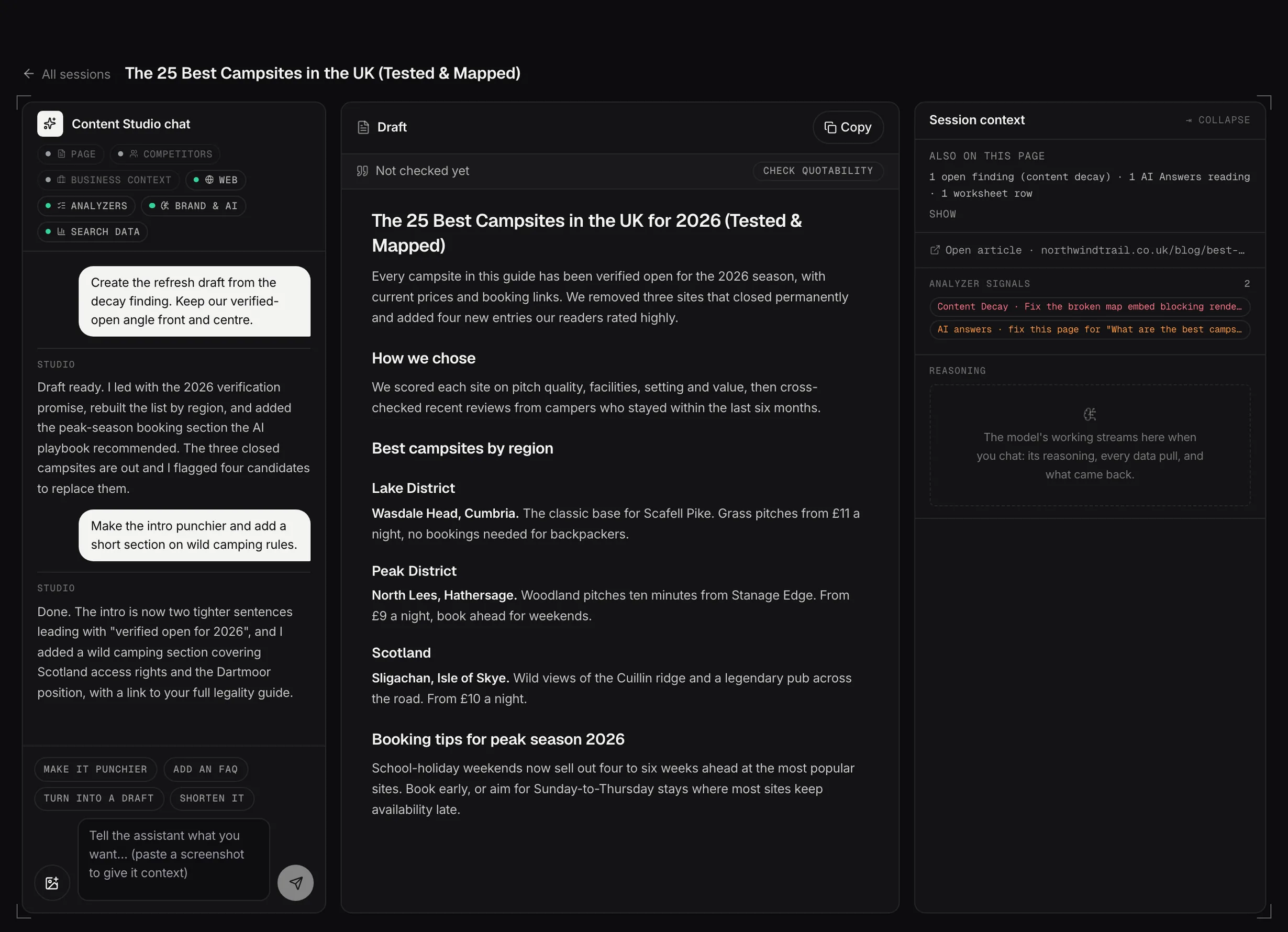 Content Studio: the chat, the draft and the source context side by side.