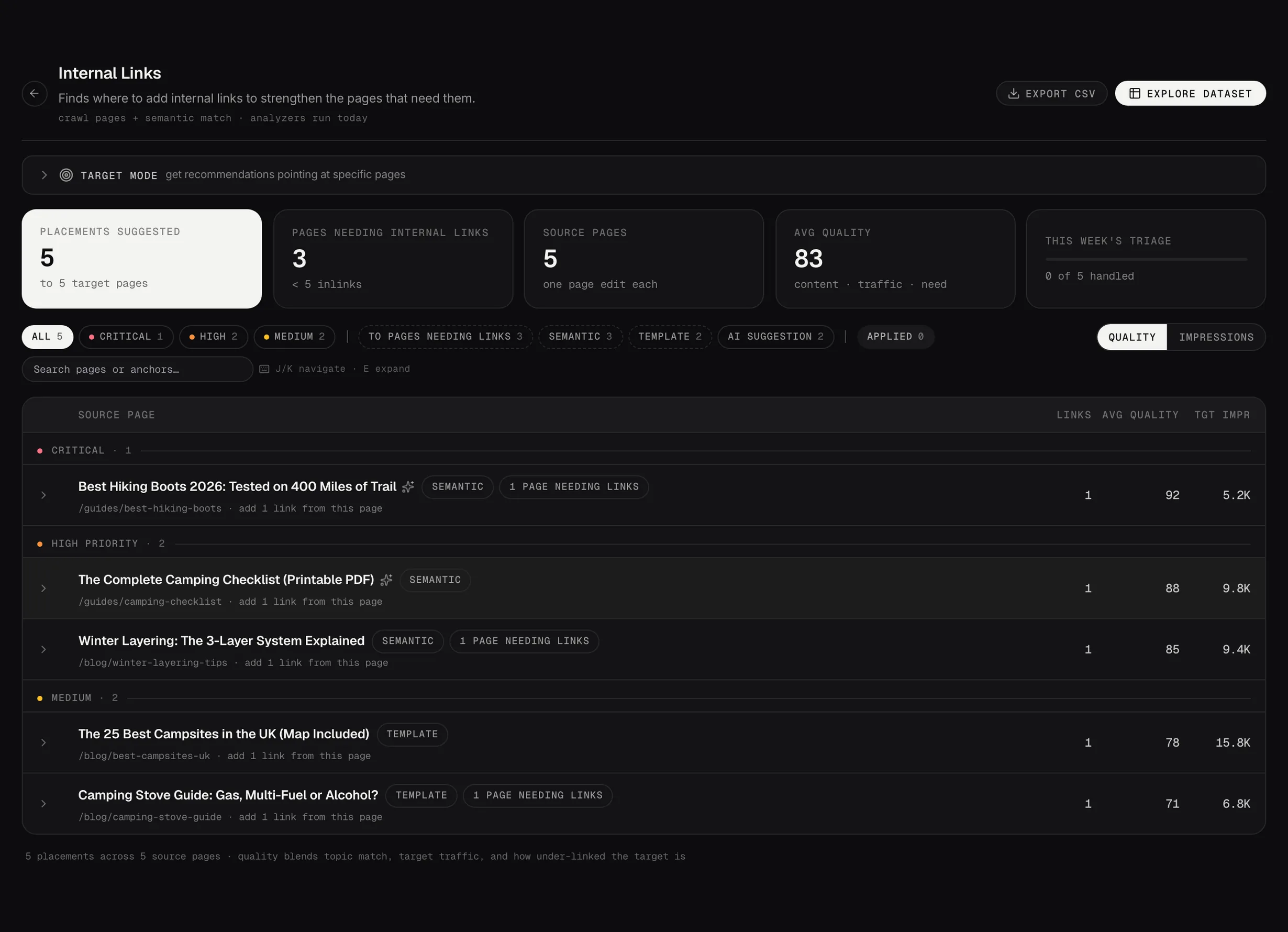 The Internal Links analyzer in Searchscope