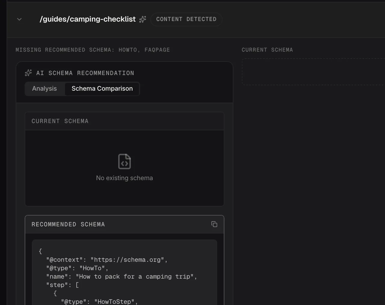 One page: its current markup next to the recommended JSON-LD.