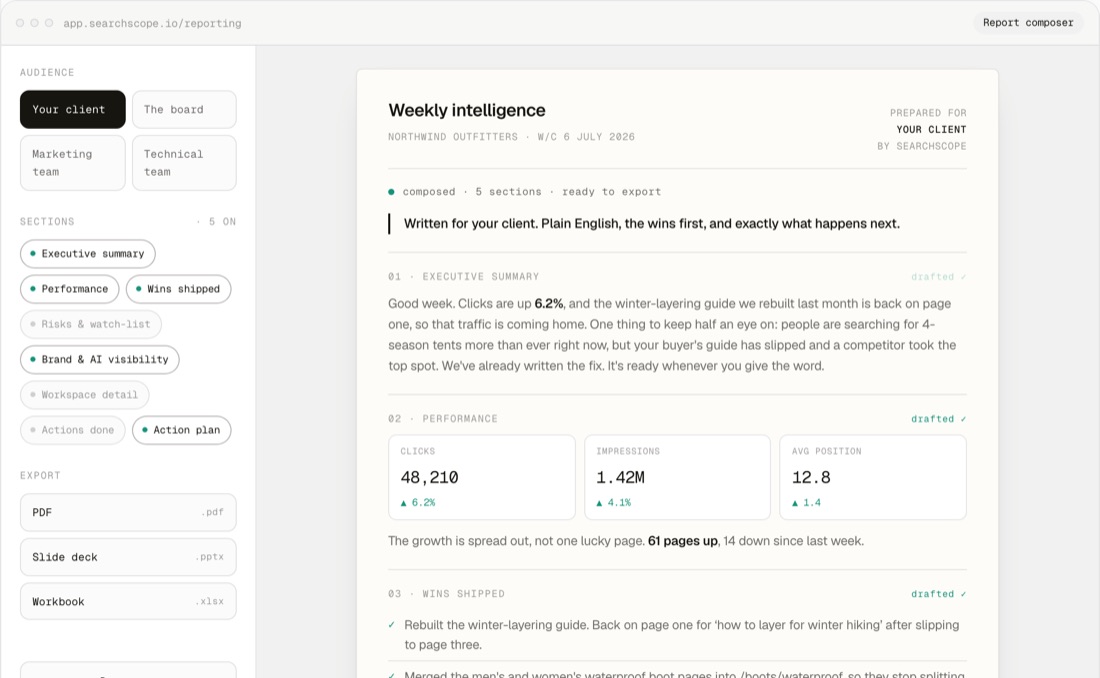 Searchscope Reports: a client-ready weekly intelligence report with PDF, deck and workbook export